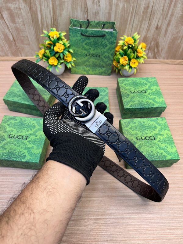 GUCCII GG Black/Brown Embossed Strip Belt - Image 2