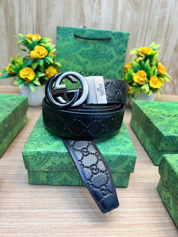 GUCCII GG Black/Brown Embossed Strip Belt