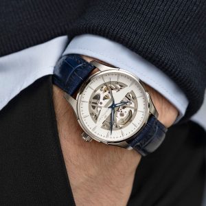 Hamiltonn Men’s Automatic Skeleton Watch – Silver Case & Blue Leather Strap