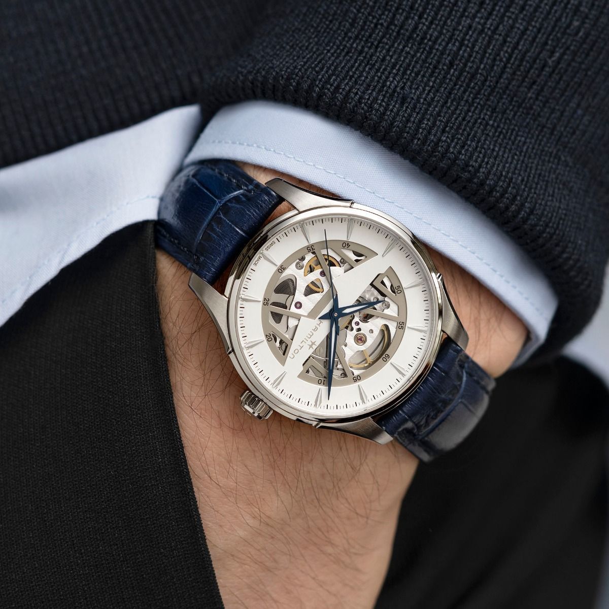 Hamiltonn Men’s Automatic Skeleton Watch – Silver Case & Blue Leather Strap