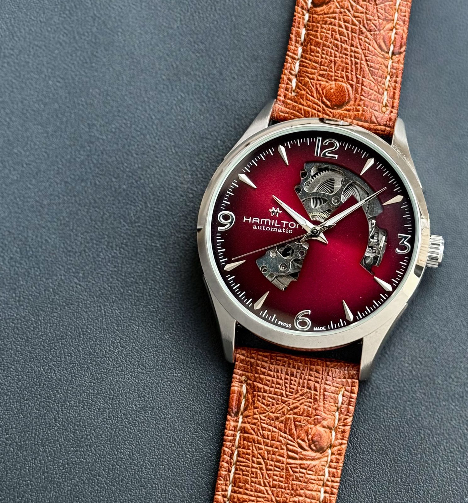 Hamiltonn Men’s Automatic Skeleton Watch – Silver Case & Leather Strap✅