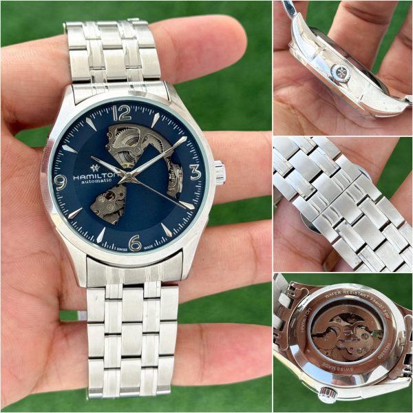 Hamiltonn Men’s Automatic Skeleton Watch – Silver Case & Blue dial - Image 2