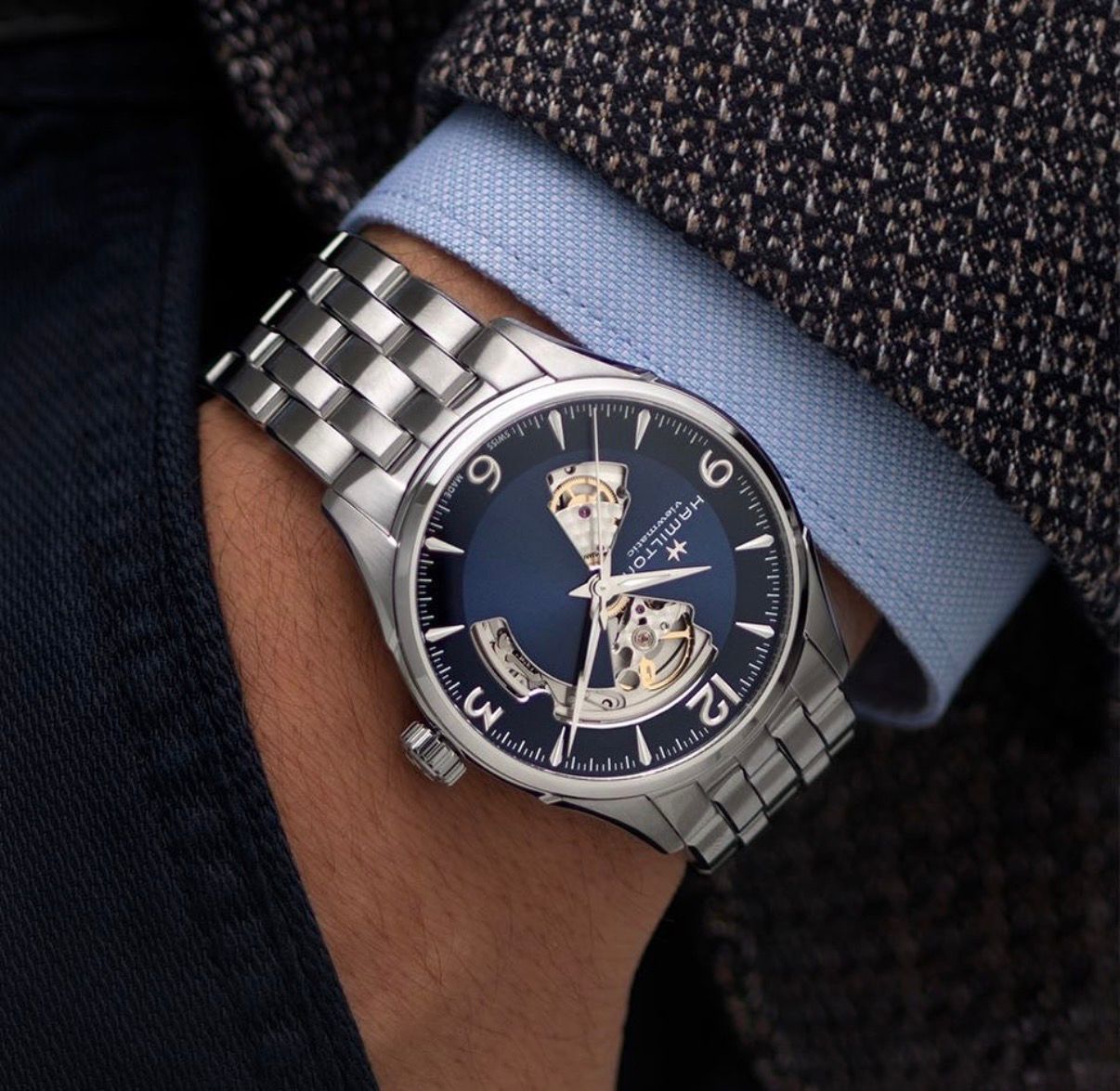 Hamiltonn Men’s Automatic Skeleton Watch – Silver Case & Blue dial