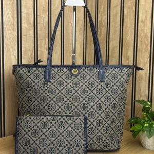 TORYY BURCHH T MONOGRAM LARGE TOTE BAG WITH POUCH